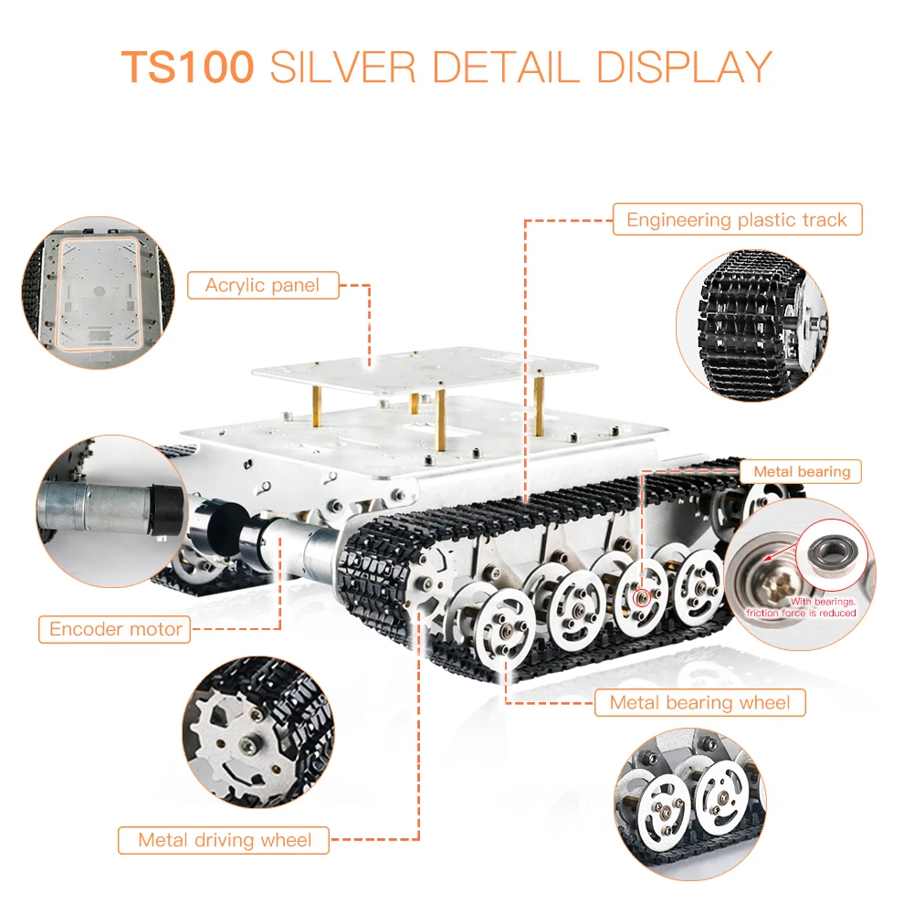 SZDOIT TS100 Kit de chasis de tanque de robot RC con orugas de metal con tablero acrílico, brazo de robot se puede montar directamente en el coche de alto Torqu