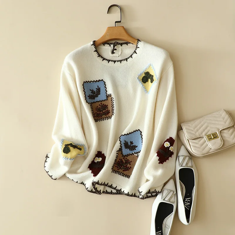 

winter new styles hand crochet 100% cashmere embroidery sweater crewneck women's knitted france fashion loose pullover