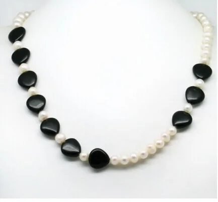 White 6-7mm Potato Freshwater Pearl With Heart Shape 12-13mm Black jade Necklace