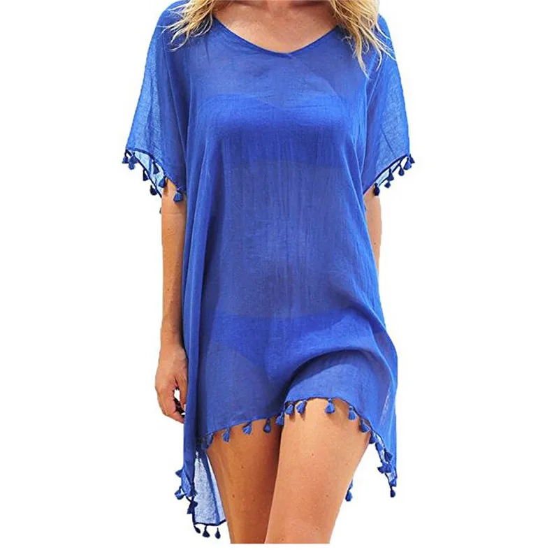 2021 Chiffon Quasten Strand Tragen Frauen Badeanzug Cover Up Bademode Badeanzüge Sommer Mini Kleid Lose Feste Pareo Abdeckung Ups