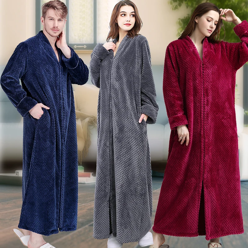 40-110KG Women Winter Plus Size Long Hooded Flannel Bathrobe Warm Bath Robe Zipper Pregnant Night Dressing Gown Men Sleepwear