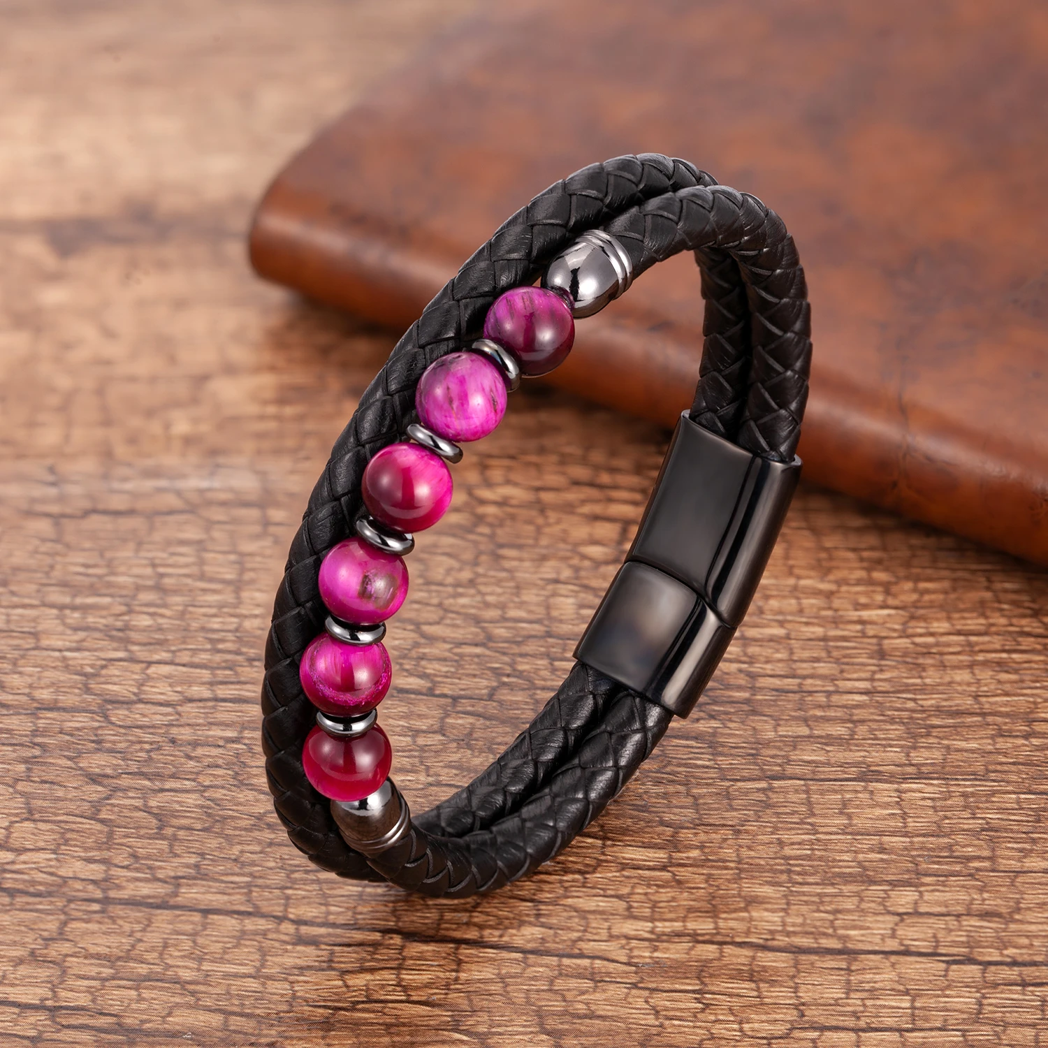 Modischer Herrenschmuck, Charm-Armband mit runden Steinen für Männer, bunte Tigerauge-Perlen, schwarze Lederkette, Armreif, Geschenk für Männer – Detail 10