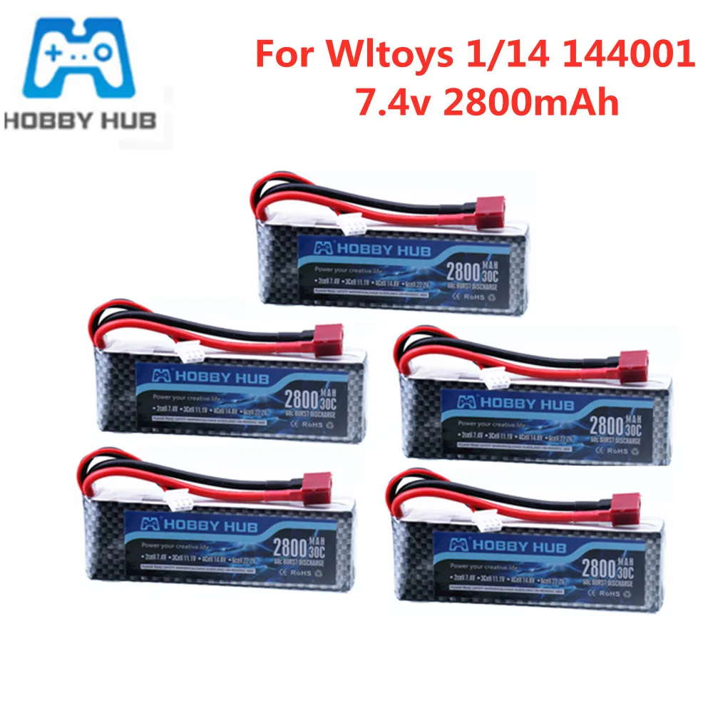 Bateria de lipo atualizada para carros e barcos, modelos wltoys 144001 7.4, 2800, 1/14 v, 144001 mah