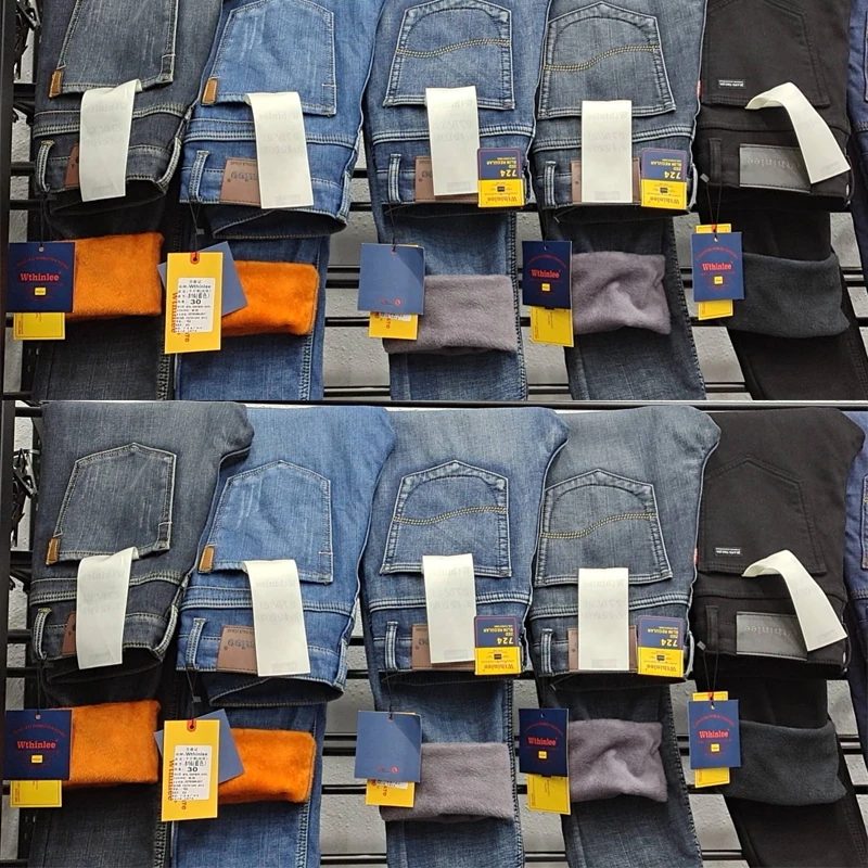 Men's Classic Slim Fleece Jeans Business Fashion Straight Casual Stretch Pants Male Brand Plus Velvet Padded Warm Trousers