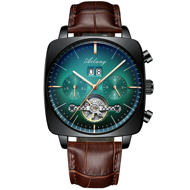 AILANG Mode Grün Große Zifferblatt Quadratische Mechanische Uhr für Männer Lederband Wasserdicht Tourbillon Uhren Herren Relogio Masculino 8