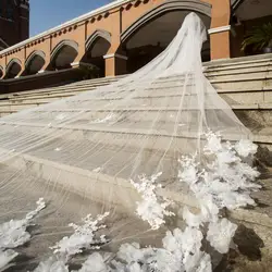 Voile de mariage en tulle blanc ou ivoire à deux couches avec peigne et fleurs, voile de mariée luxueux, 5 m de long, MM