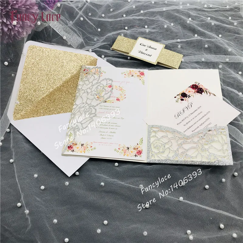 50pcs New Glitter Rose wedding invitation set envelope belly band Folding Invitation cards invites wedding decoration supply