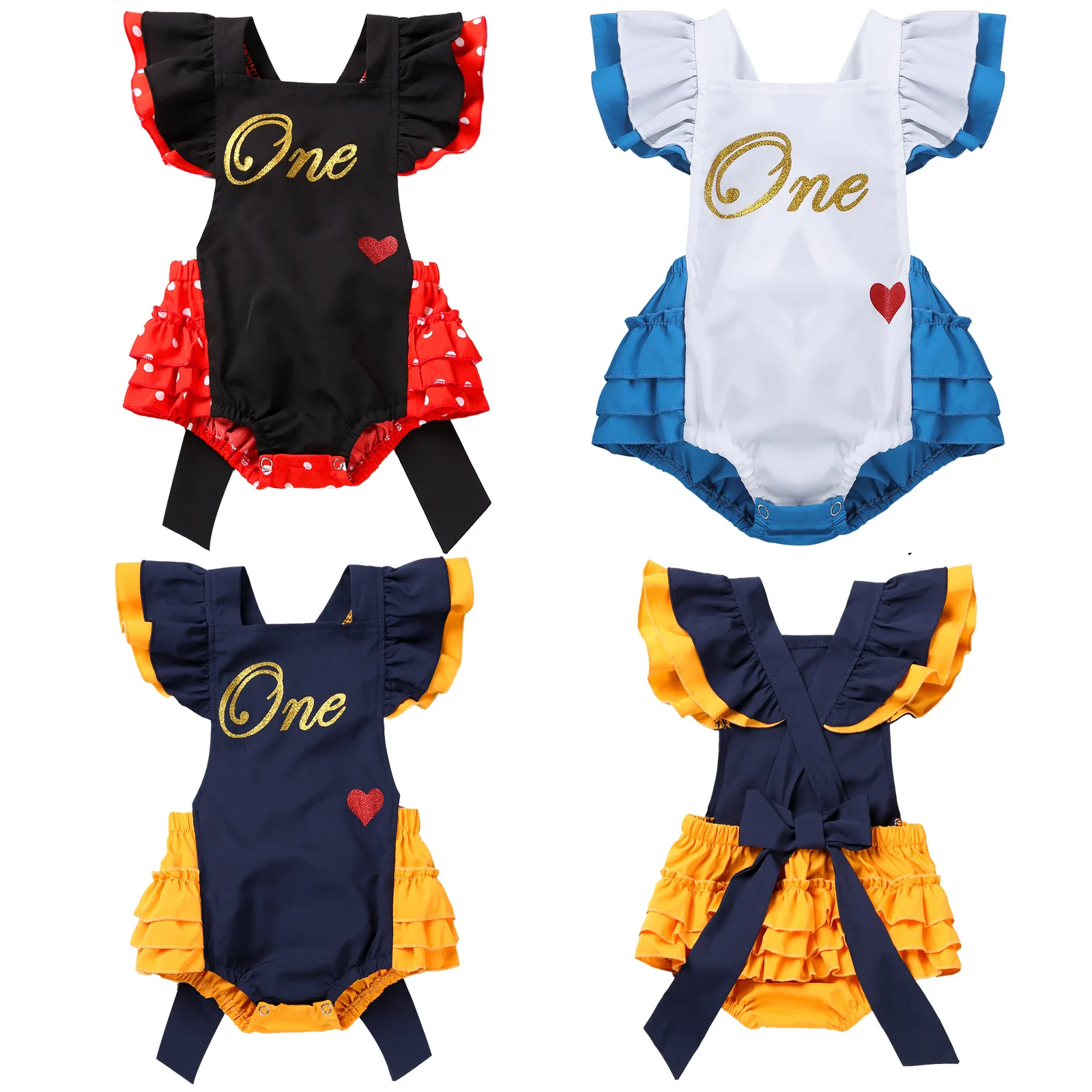 Baby Girls 1st Birthday Romper Toddler Girls Summer Clothes Infant Jumpsuits For 1 Year Old Little Baby Flutter Sleeves Rompers