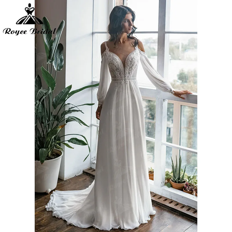 Customized Boho V Neck Bohemia Lace Chiffon Beach Long Puff Sleeve Backless Wedding Dress Spaghetti Straps Vestido De Noiva 2025