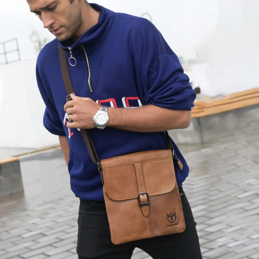 BULLCAPTAIN-Bolso de hombro de cuero para hombre, bolsa plana pequeña, informal, para deportes al aire libre, capa de cabeza suave, tendencia de