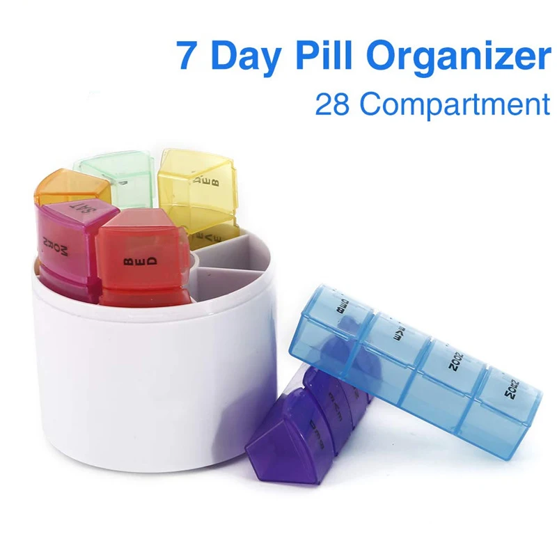 

Colorful 7 Days Weekly 28 Compartments Pill Box One Week Pill Case Round Portable 28 Lattice Rainbow Pill Organizer Splitter