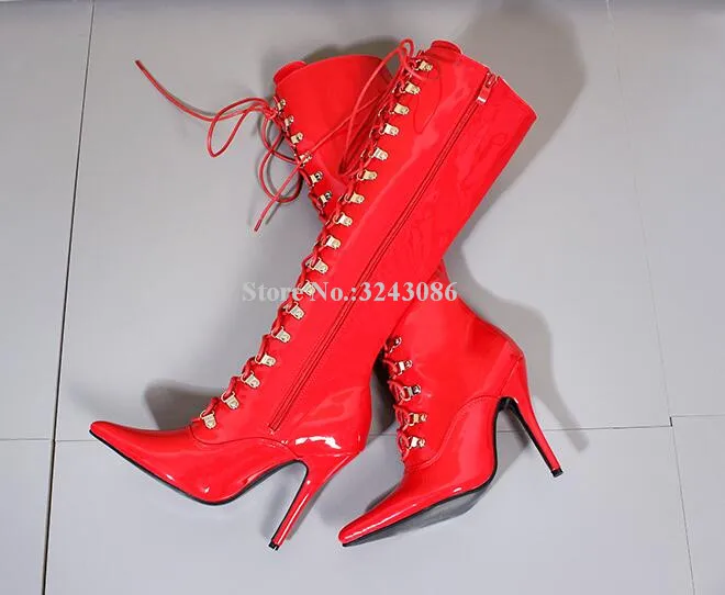 New Near Knee Woman Boots Sexy Pointed Toe Lace-up Ladies Long Boots Thin Heel Patent Leather Motorcycle Boots