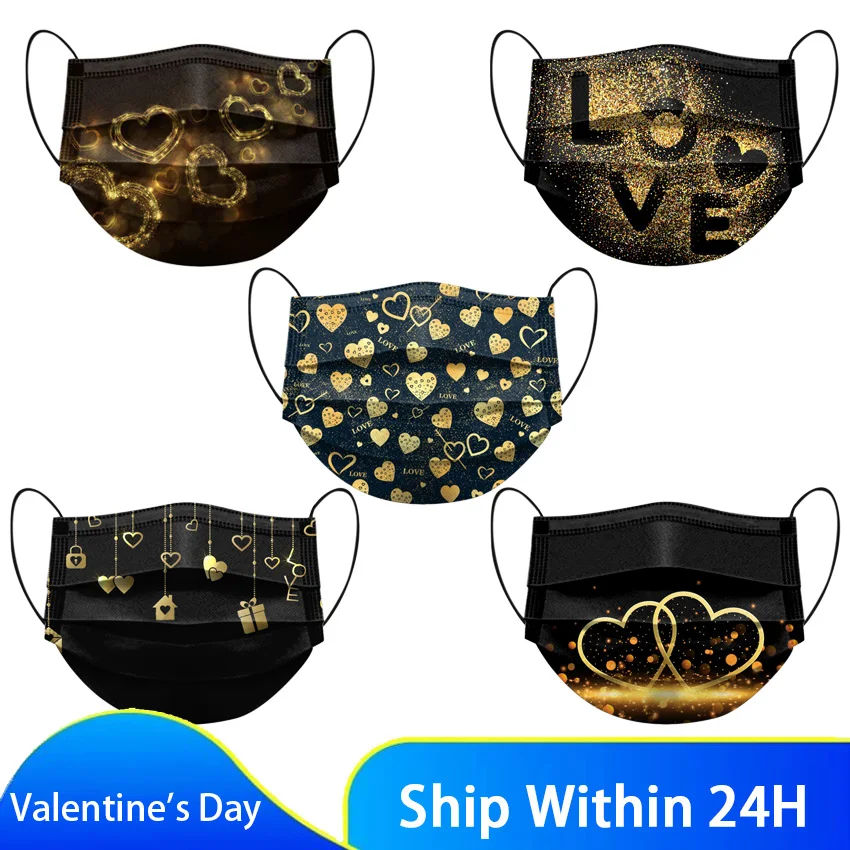 

Valentine's Day Adult Disposable Masks 3 Layers Meltblown Cloth Love Printing Masks Dustproof Breathable Protective Masks