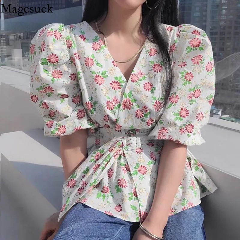 

Korean Style Lace-up Waist Women Tops Summer Puff Short Sleeve Floral Printed V Neck Slim Blouse New Bandage Casual Shirt 14454