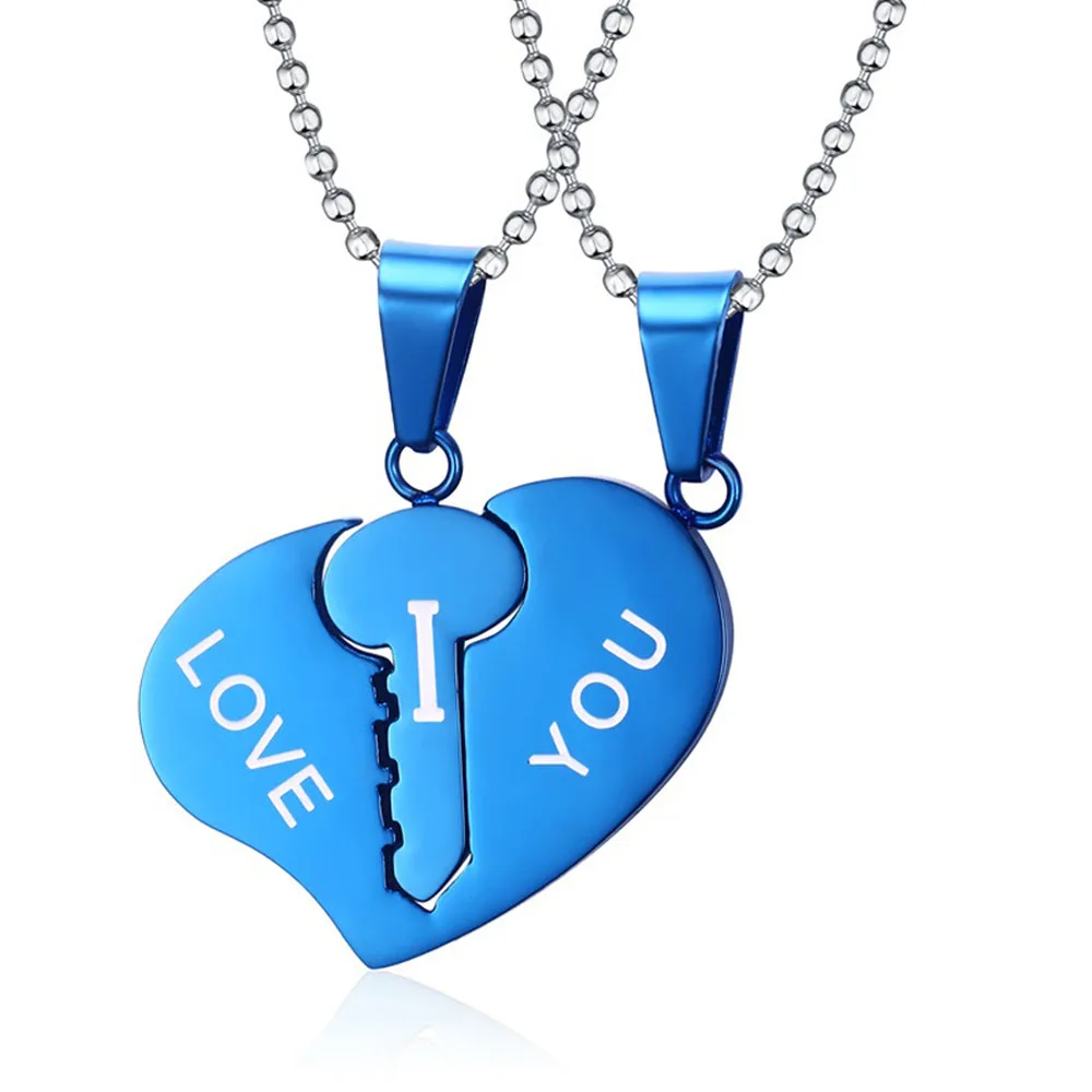 

Fashion His and Hers blue Stainless Steel Couple Pendant Necklace Heart-shaped I Love You Women And Men Necklaces jewelry