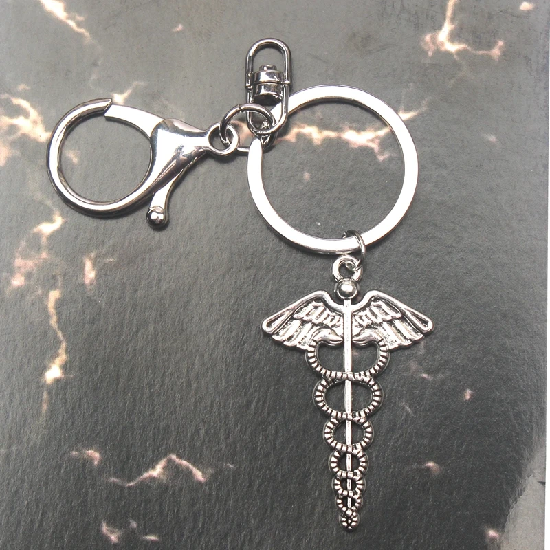 New Cute Keychain Caduceus Medical Symbol,Vintage Jewelry Accessories Funny Gift 49x30mm Pendant Antique