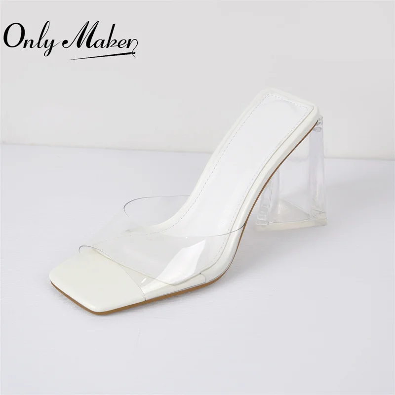 Onlymaker Summer Blue  PVC Square Toe Transparent High Heels Slip on Casual Fashion Party Dress Sandals