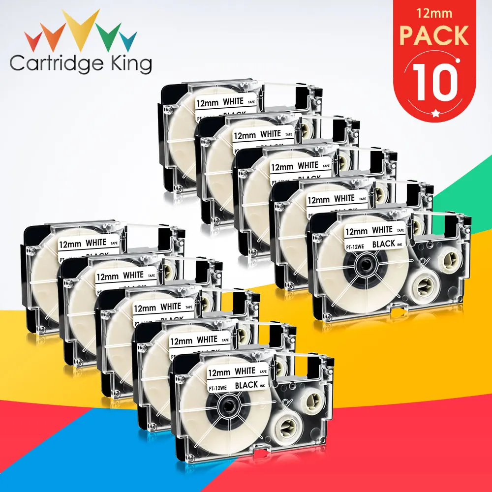 10PK XR-12WE 12mm Label Tape for Casio XR 12WE XR12WE Ribbon Black on White Compatible for Casio KL-60 KL-120 KL-820 Label Maker