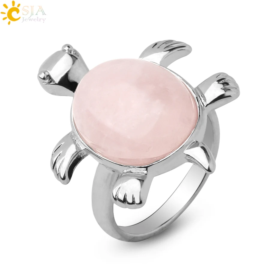 CSJA Women Ring Reiki Natural Crystal Stone Pink Quartz Lapis Silver Color Finger Rings Cute Animal Tortoise Trendy Jewelry F589