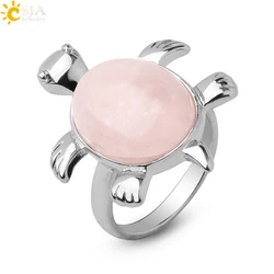 CSJA Women Ring Reiki Natural Crystal Stone Pink Quartz Lapis Silver Color Finger Rings Cute Animal Tortoise Trendy Jewelry F589