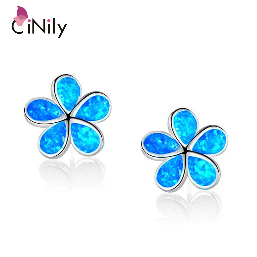 CiNily White & Blue Fire Opal Stud Earrings Silver Plated Flower Flora Gardenia Bohemia Boho Summer Chic Jewelry Gift Woman Gift