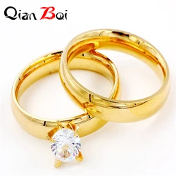 QianBei Fashion 2pcs/Set Single Zircon 4MM Charm Jewelry Gifts Ring Men Stainless Steel Gold Color Couple Rings For Women Man