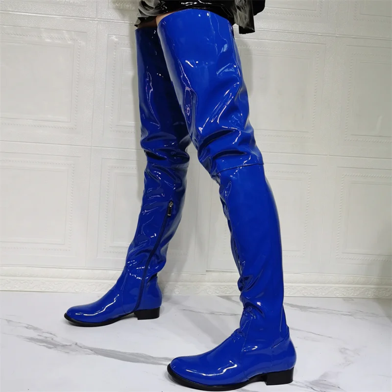 Custom Big Size 47 Blue Patent Leather Shoes Boots Round Toe Low Square Heel Women Over Knee High Boots Thigh Fashion