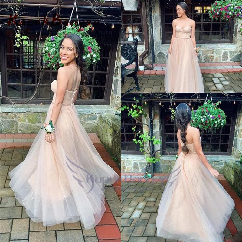 Tulle Sweetheart Long Prom Dress Zipper Sweep Train Sleeveless Simple Evening Party Gown Peach