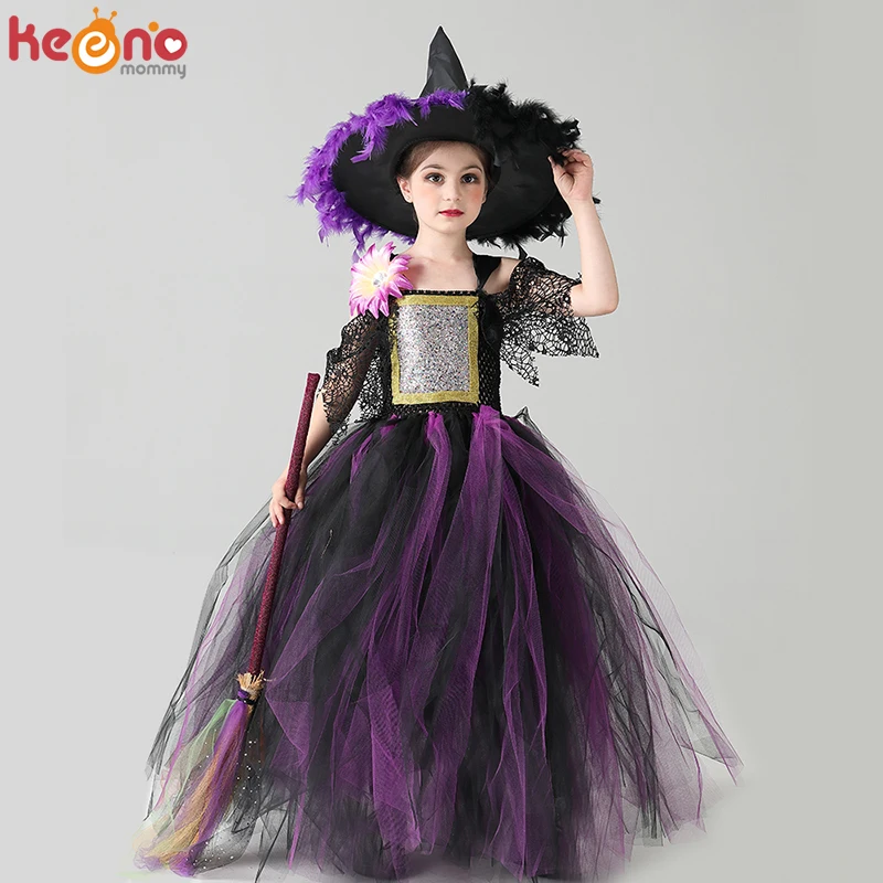 Wicked Witch Halloween Costume Purple Black Girls Fairytale Witch Tutu Dress with Feather Hat Kids Carnival Disguise Gown Dress