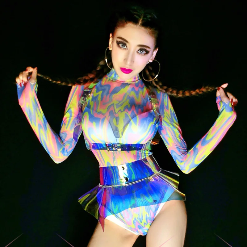 Colorful Bodysuit Stage Costumes Female Singer Bar Dancr Outfit Women Sexy Pole Dance Clothes Nightclub Dj Rave Wear DNV13169