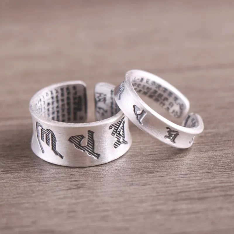 BOCAI Solid Pure S999 Silver Jewelry Buddhist Trendy Six-character Daming Mantra Heart Sutra Couples Man and Woman Ring