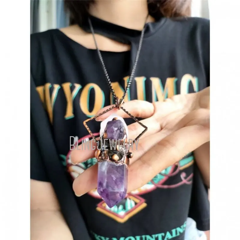 Natural Amethyst Crystal Quartz Double Point Hoop Pendant Talisman Necklace Electroforming Copper Halloween Steampunk Jewelry