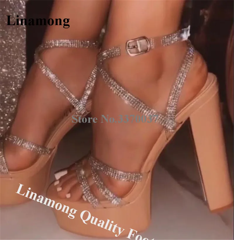 

Linamong Bling Bling PVC Patchwork High Platform Chunky Heel Rhinestones Sandals Crystals Straps Cross Thick High Heel Sandals