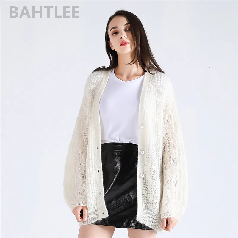 BAHTLEE-Women's Mohair Knitting Cardigan, Wool Sweater, Long Lantern Sleeves, Pearl Button, V-Neck, Autumn, Winter