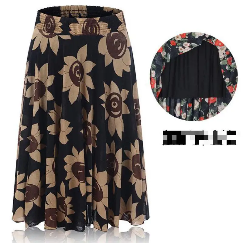 Autumn Middle-aged And Elderly Ladies Skirt Elastic Waist Ice Silk Double Layer Mid-length Flower Print Women Dancing Skirt