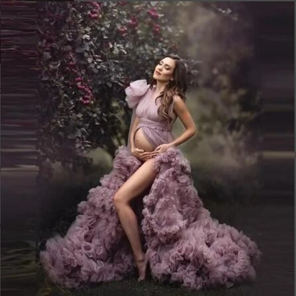 

New Dusty Pink Maternity Evening Dresses Robes for Photo Shoot Baby Shower Ruffle Tulle Chic Women Dress Photography Robe