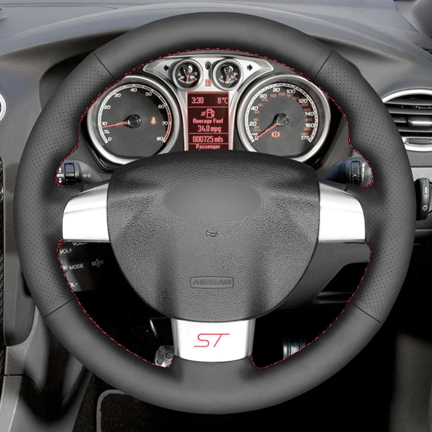 Hand-stitched Black Leather Car Steering Wheel Cover for Focus ST 2005 2006 2007 2008-2012 Focus RS 2009 2010 2011