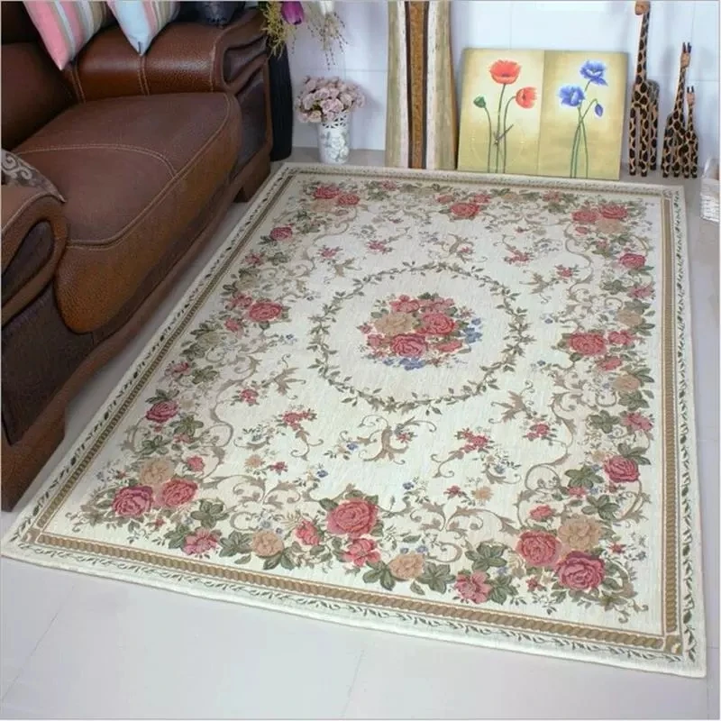 European Area Rug Pink Roses Flowers Floral Vintage Rug Persian Rug Beige For Home Living Room Bedroom Soft Jacquard Woven Rug