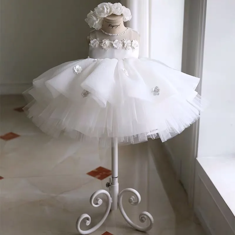 Newborn Baptism Dress For Baby Girl White First Birthday Party Wear 3D Appliques Toddler Girl Christening Gown Wedding Vestidos