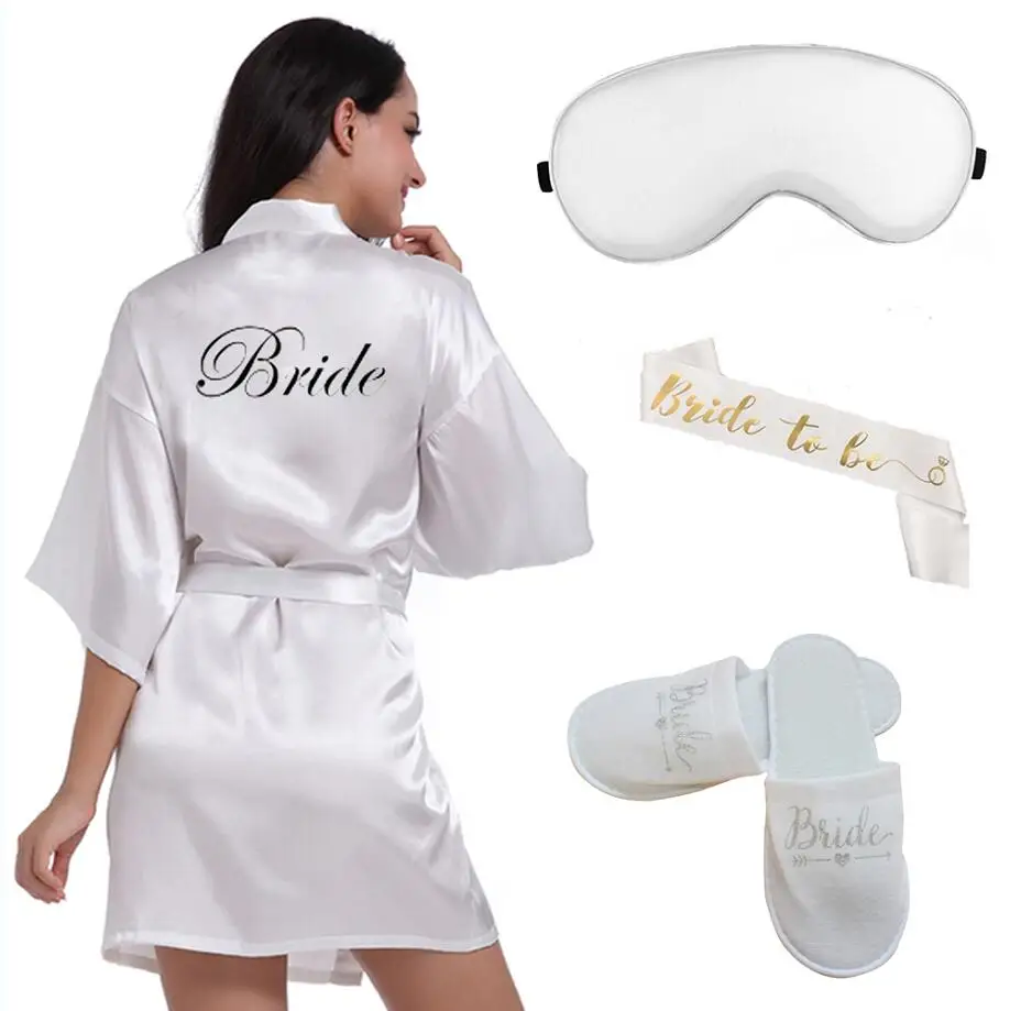 4Pc Set Van Glitter Gold Bruid Satijnen Korte Bruid Badjas Slippers Bridal Sash Peignoir Vrouwen Bridal Party 2019 Kimono gewaad