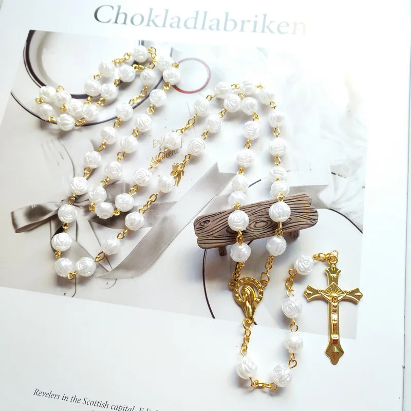 Catholic Rosary Necklace Our Lady Medal Crucifix Cross Pendant White Rose Acrylic Beads Chain Church Prayer Jewelry Gifts