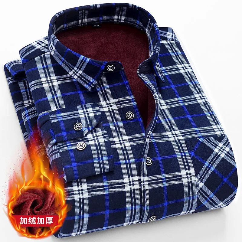 Winter warm men shirts plus size 5xl velvet thick fashion print plaid office shirt long sleeve male brand shirt man dress shirt