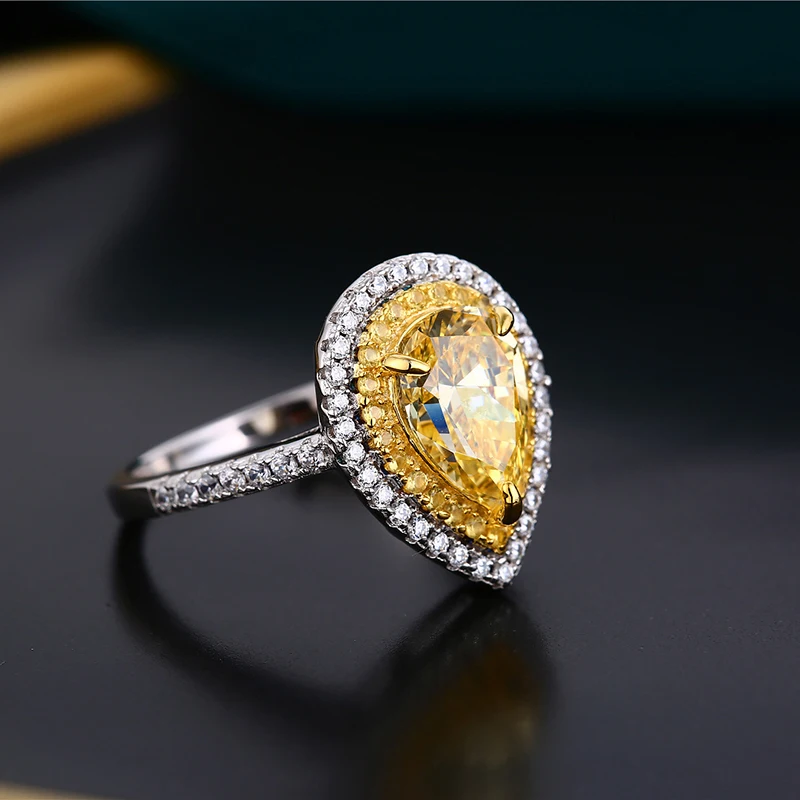 LESF 925 Sterling Silver Ring Pear Cut Very Shiny Simulation Yellow Diamond Wedding High-end Jewelry