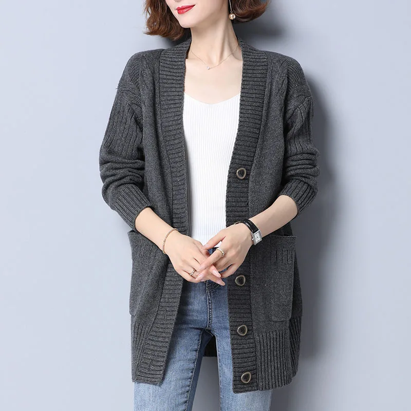 Fdfklak New Fall Winter Long Sleeve Loose Wool Sweater Women\'s Knitted Cardigan Button Single-Breasted Sweater Pull Femme