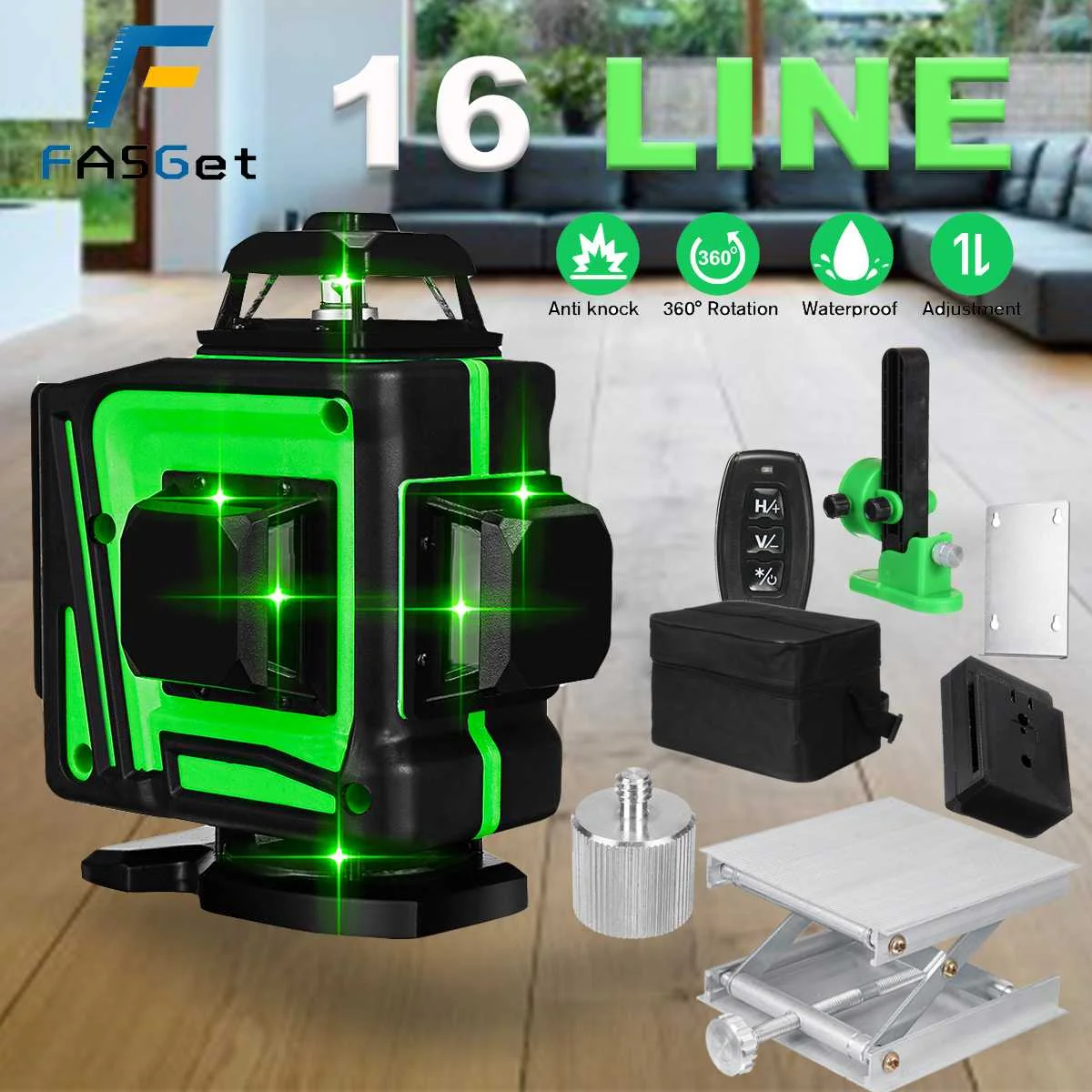 16 Lines 4D Green Laser Level Self-Leveling 360 Degrees Horizontal And Vertical Cross Lines Green Laser Line With Tripod Battery