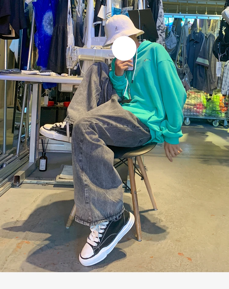 ICCLEK Jeans Men's Fall Loose Straight Wide-leg Pants Hip-hop Retro Washed Trousers Denim Jeans  Men Jeans  Biker Jeans