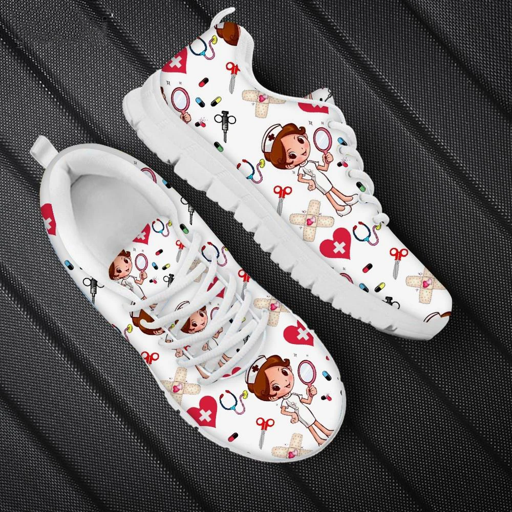 2025 Luxury Nursing Shoes For Women Cartoon Nurse Pattern Woman's Flats Jogging Shoes Breath Lace Up Sneakers White Ladies Shoe