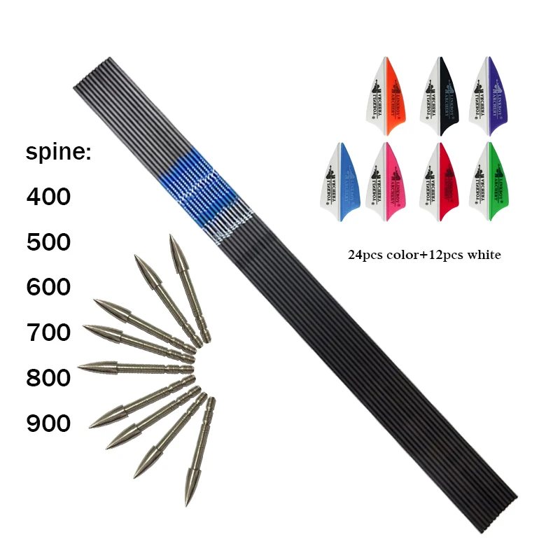 

12pcs Carbon Arrows Shaft ID4.2mm Spine 400-1000 1.75inch Plastic Vanes 80 Grain Points for Recurve Bow Shooting