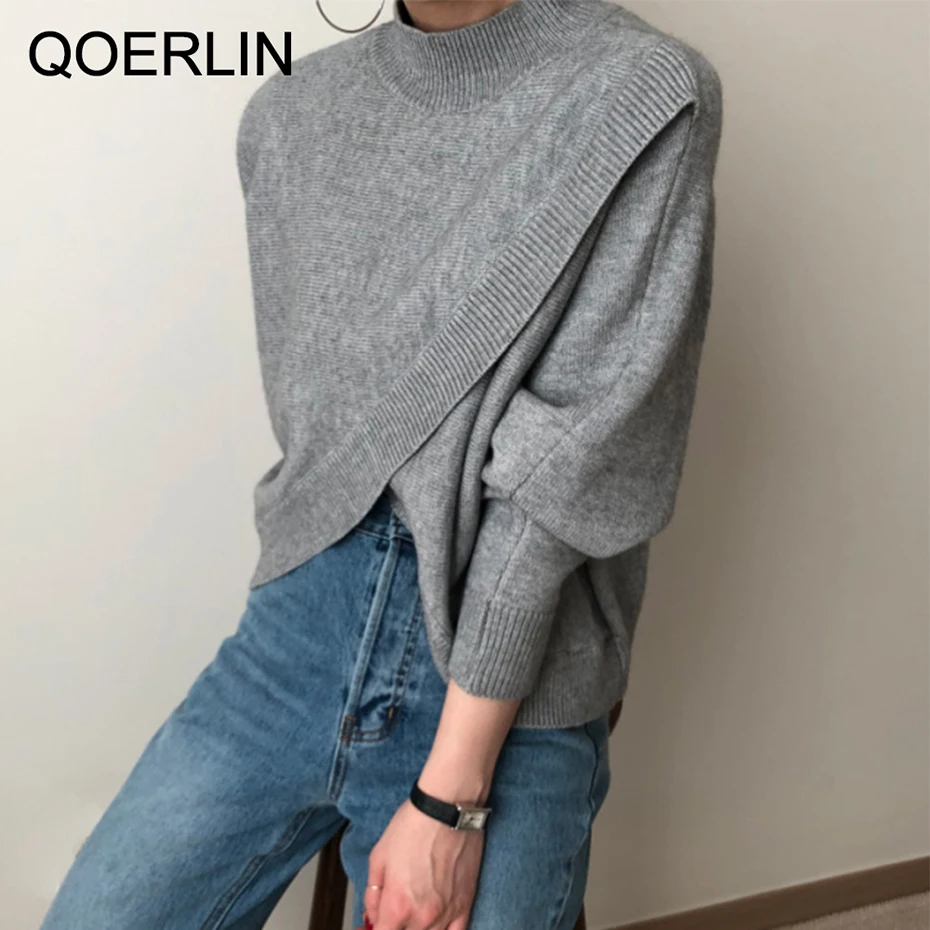 Turtleneck Sweater Women Chic Lantern Sleeve Korean Criss-cross Irregular Pullovers Half Turtleneck Sweater Gray Knitted NewTops