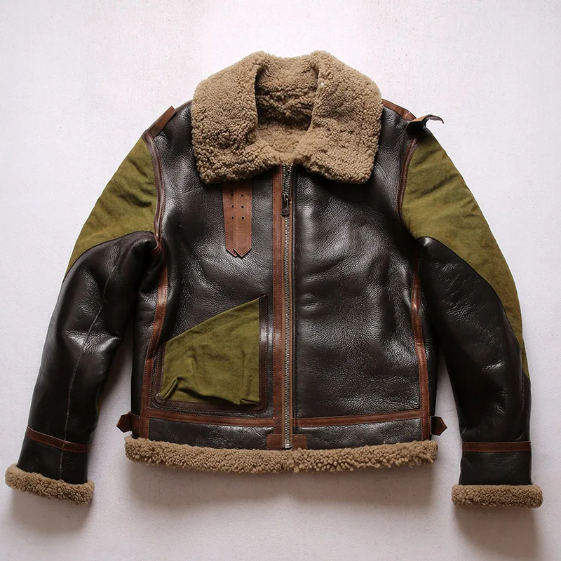 2040 European US Size High Quality Super Warm Genuine Sheep Leather With 18oz Canvas & Horsehide B3 Shearling Bomber Fur Jacket